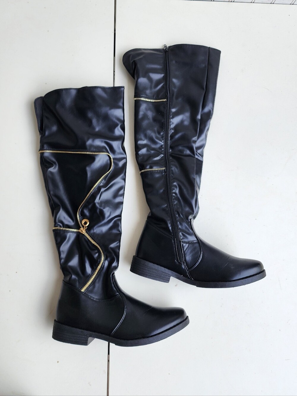 Henry Ferrera  Black Knee High Boots Womens Faux Leather Zip Black Gold Sz 8.5